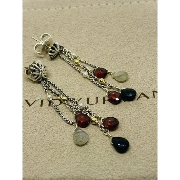 David Yurman Multi-Stone Pearl Sterling Silver Drop Earrings 18K 750 - Picture 2 of 12